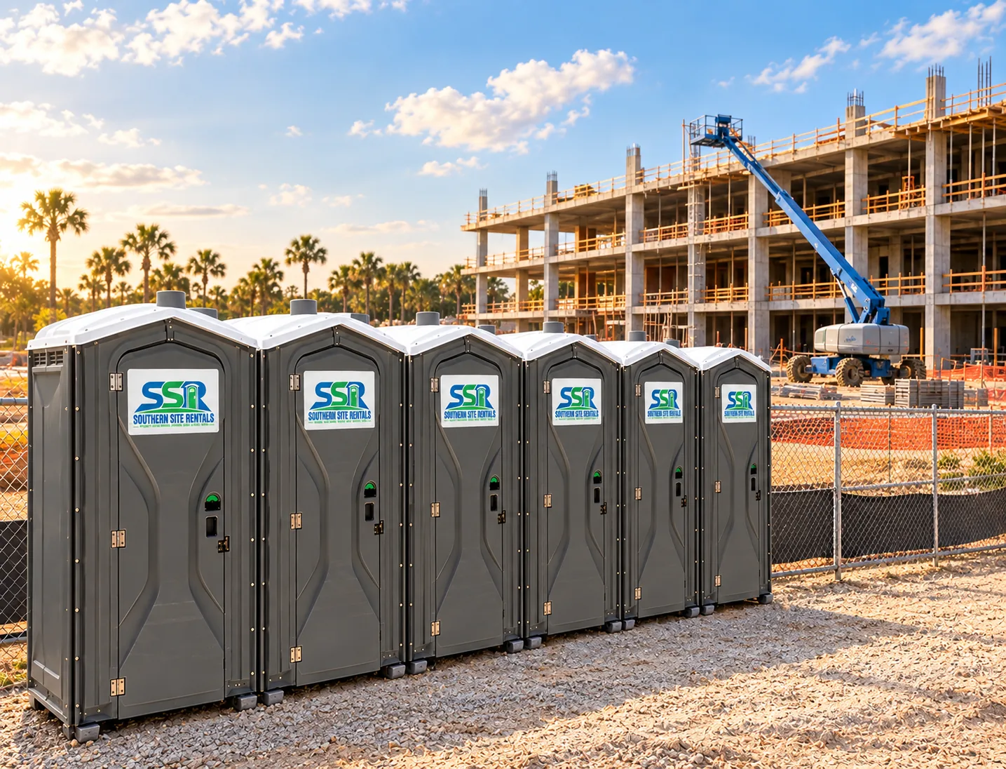 SSR-branded portable restroom units staged along a fenced multi-story commercial construction site